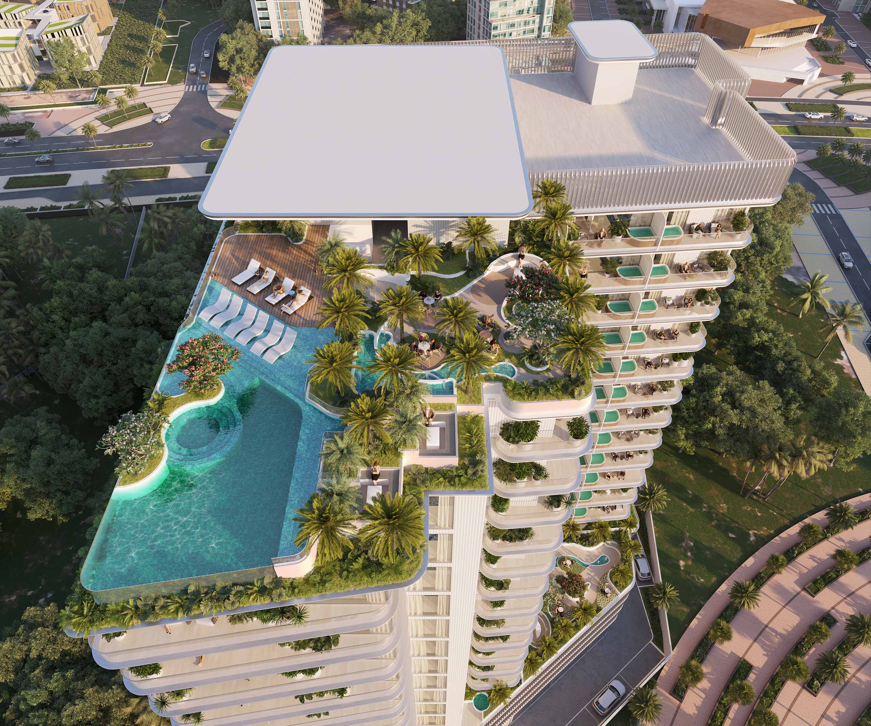 Cove Edition 4 By Imtiaz Aerial view of a luxurious residential building featuring pools, greenery, and recreational areas on balconies.